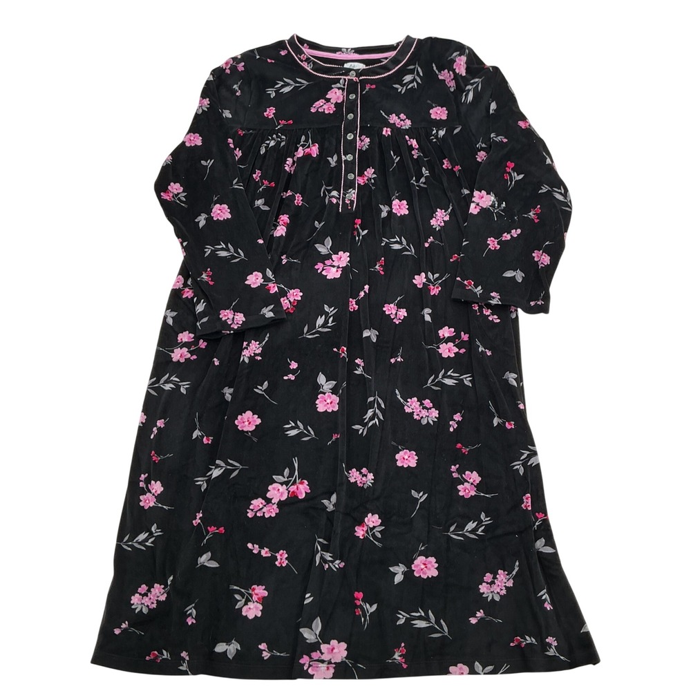 Aria Collection Nightgown Womens 2X Black Pink Floral Velvet Long Sleeve Plush